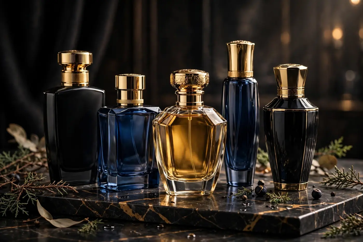 Luxury perfume bottles collection in black, blue and gold on marble
