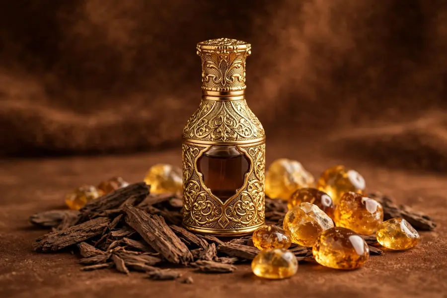 Royal oud attar bottle with amber and oud wood